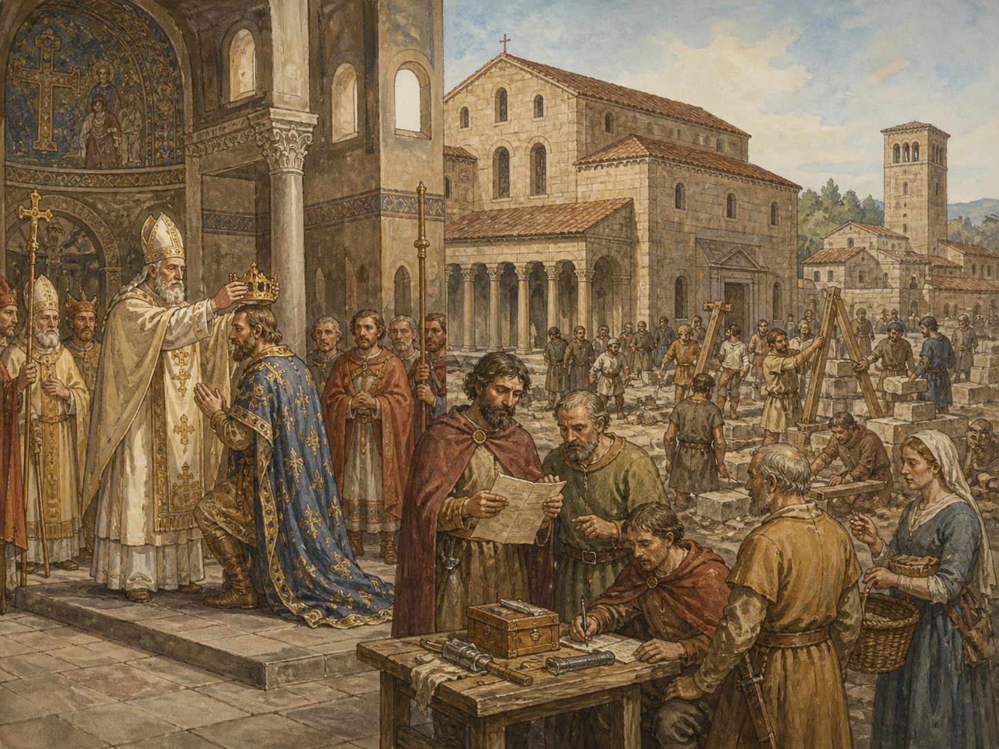 Historical reconstruction of Imperial Coronation of Charlemagne's immediate aftermath: The coronation became a symbol of medieval politics surrounding western empire and papal–monarchical relations.