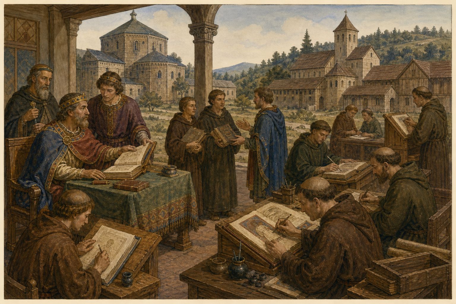 Bound manuscripts in a wooden chest being carried toward a later library