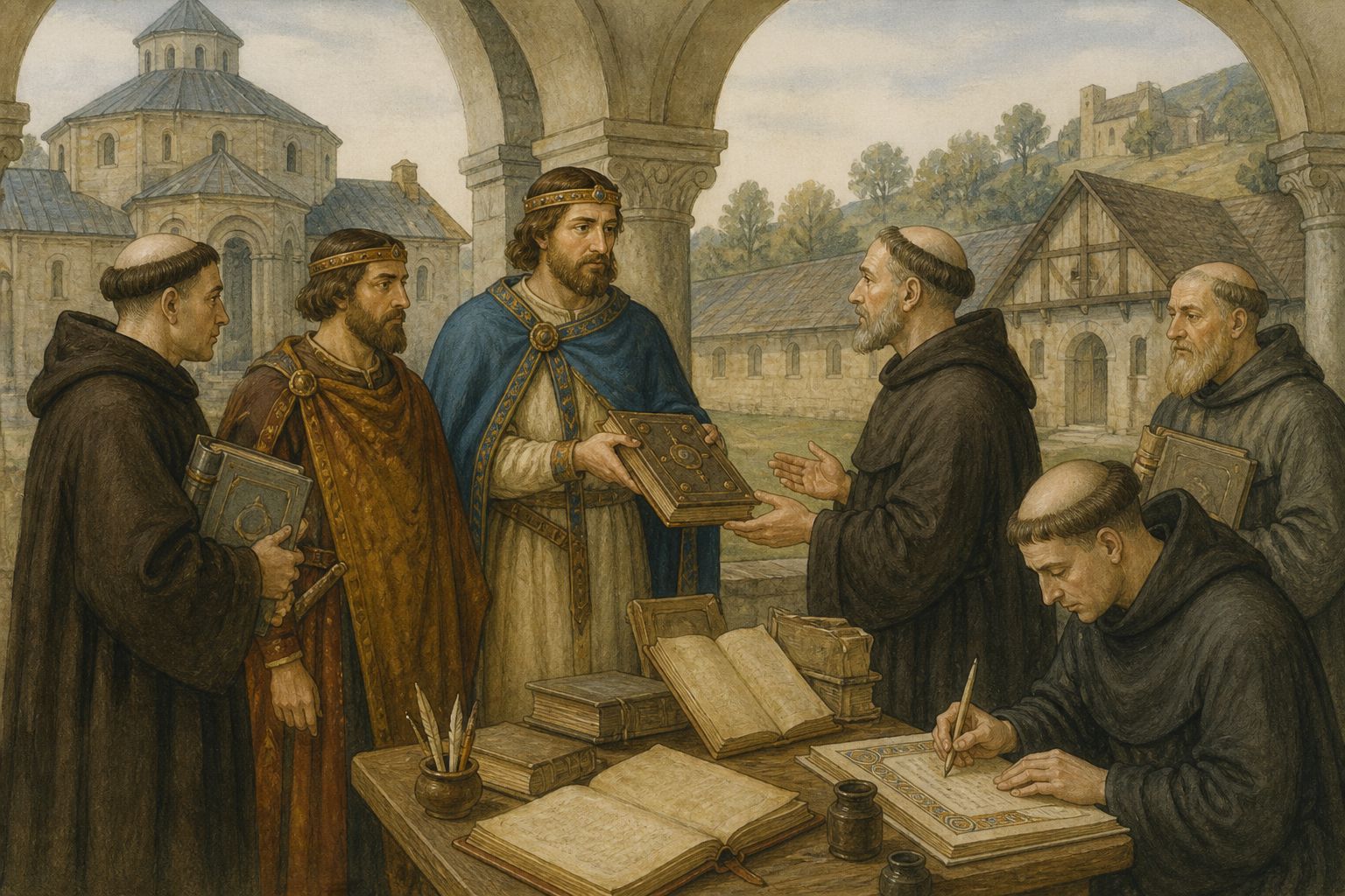 A teacher and pupils gathered around manuscripts in a wooden palace school