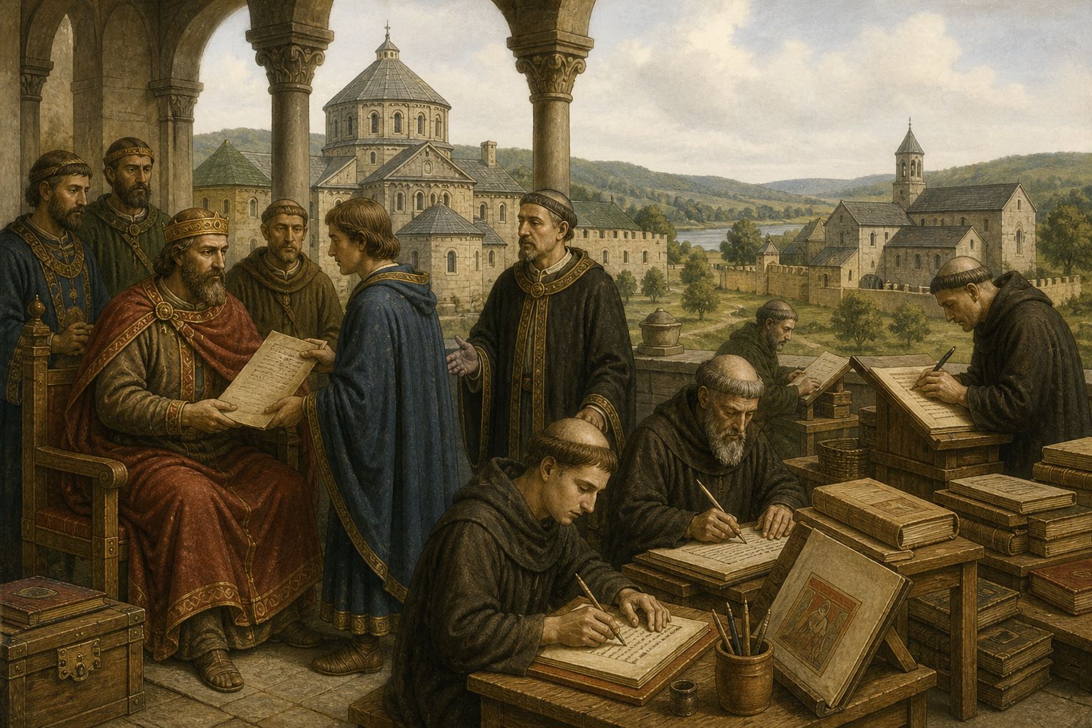 Envoys and riders moving past a palace and church in the expanding Frankish realm