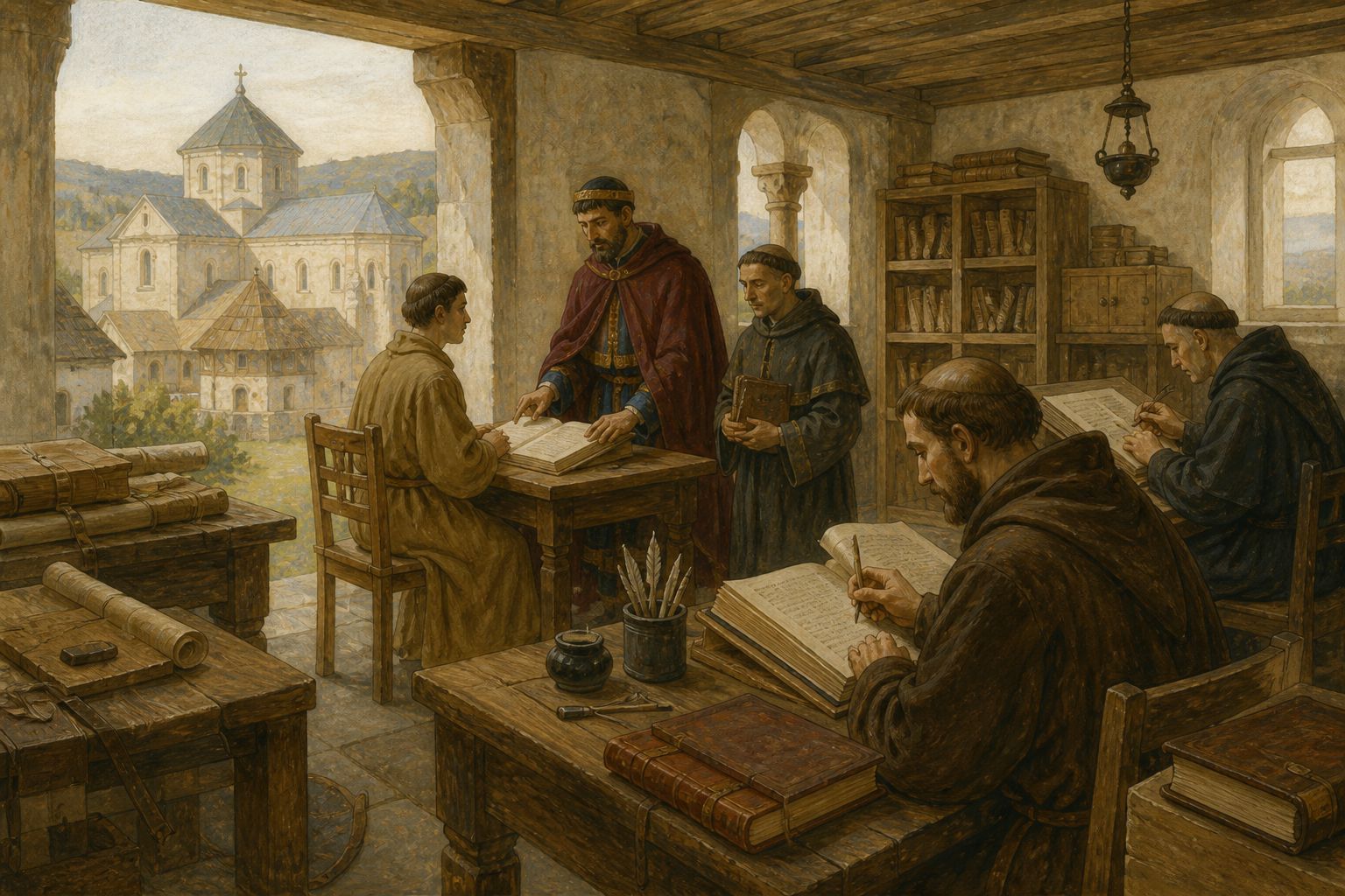 Monastic scribes copying parchment by lamplight