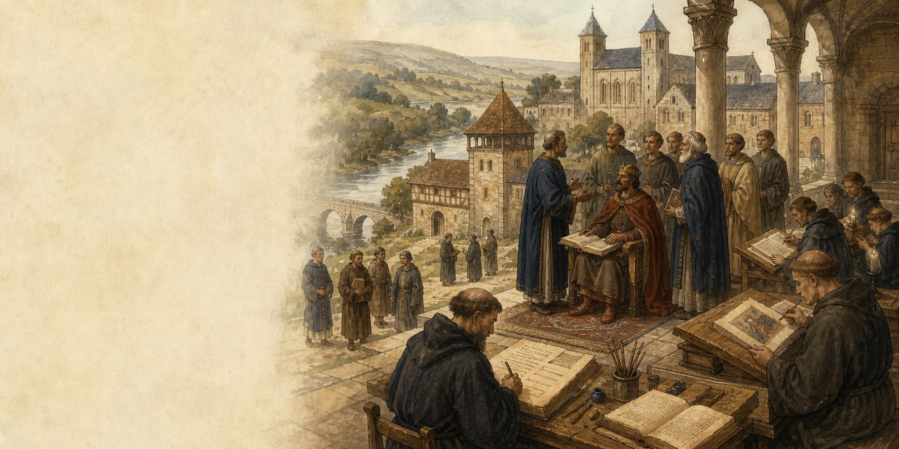 Carolingian court and monastic scribes gathered around manuscripts in a period interior