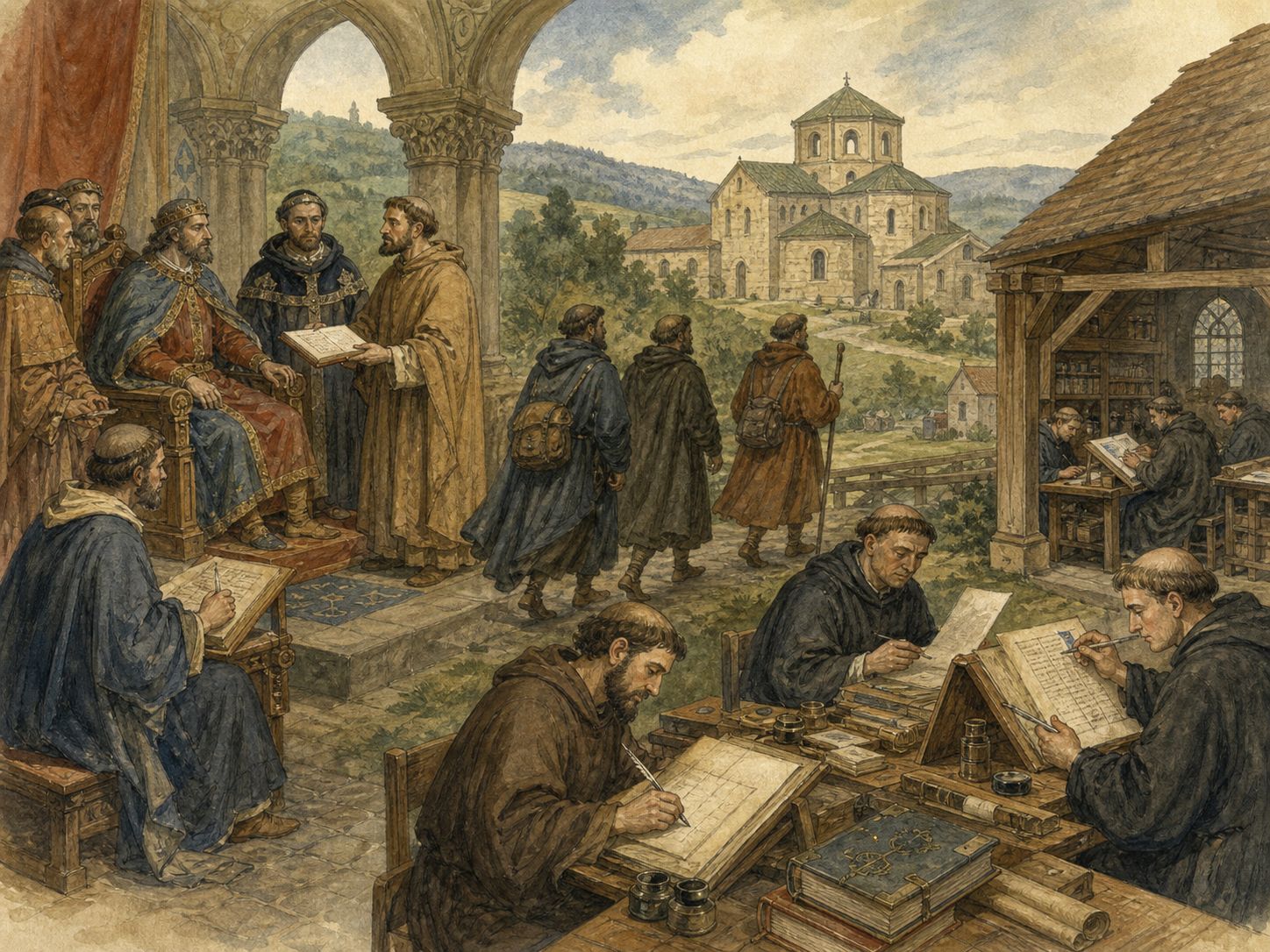 Scholars and clerics exchanging manuscripts at a palace school
