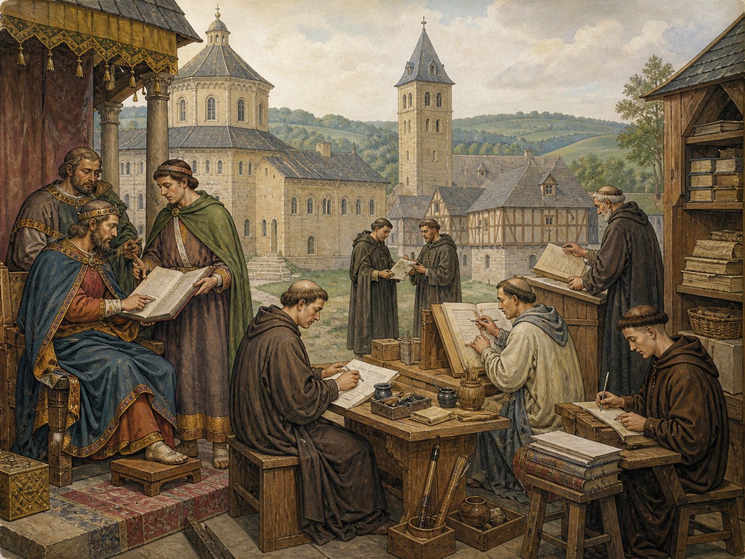 Scribes producing books in a Carolingian monastic workshop
