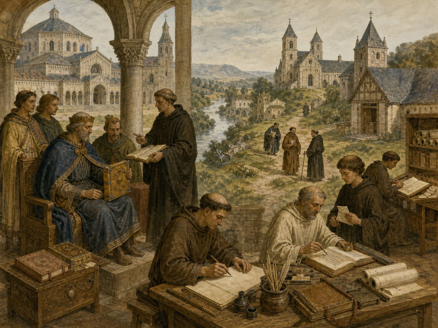 A carefully made manuscript being carried toward a later library