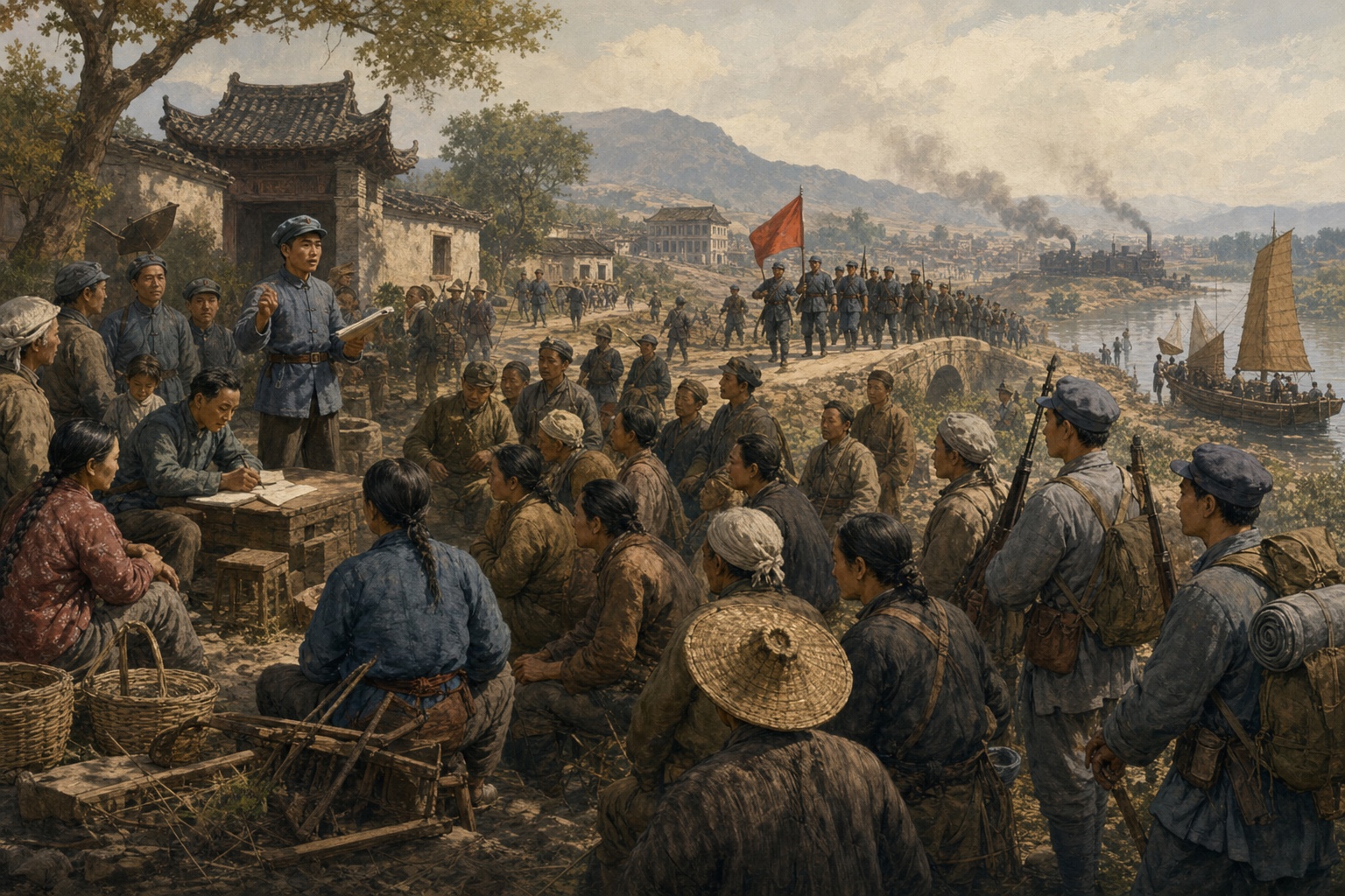 Illustrated reconstruction of villagers and soldiers organizing supplies in a northern Chinese courtyard