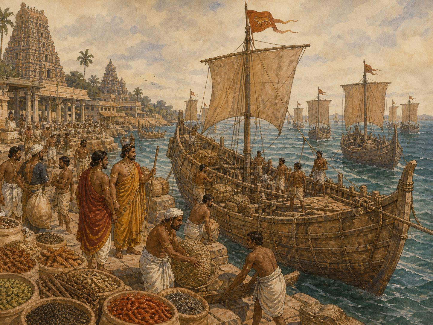 Historical reconstruction of Chola Maritime Expansion's central action: The Chola rulers Rajaraja I and Rajendra I consolidated South India and launched expeditions to Sri Lanka and Southeast Asia.