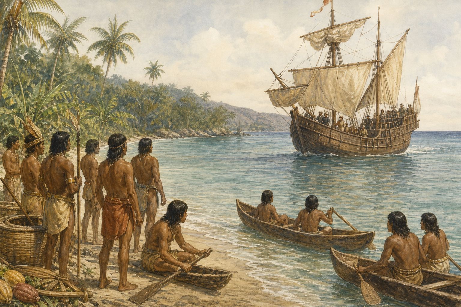 Indigenous canoes watch a sailing vessel approach a Caribbean shore around 1492