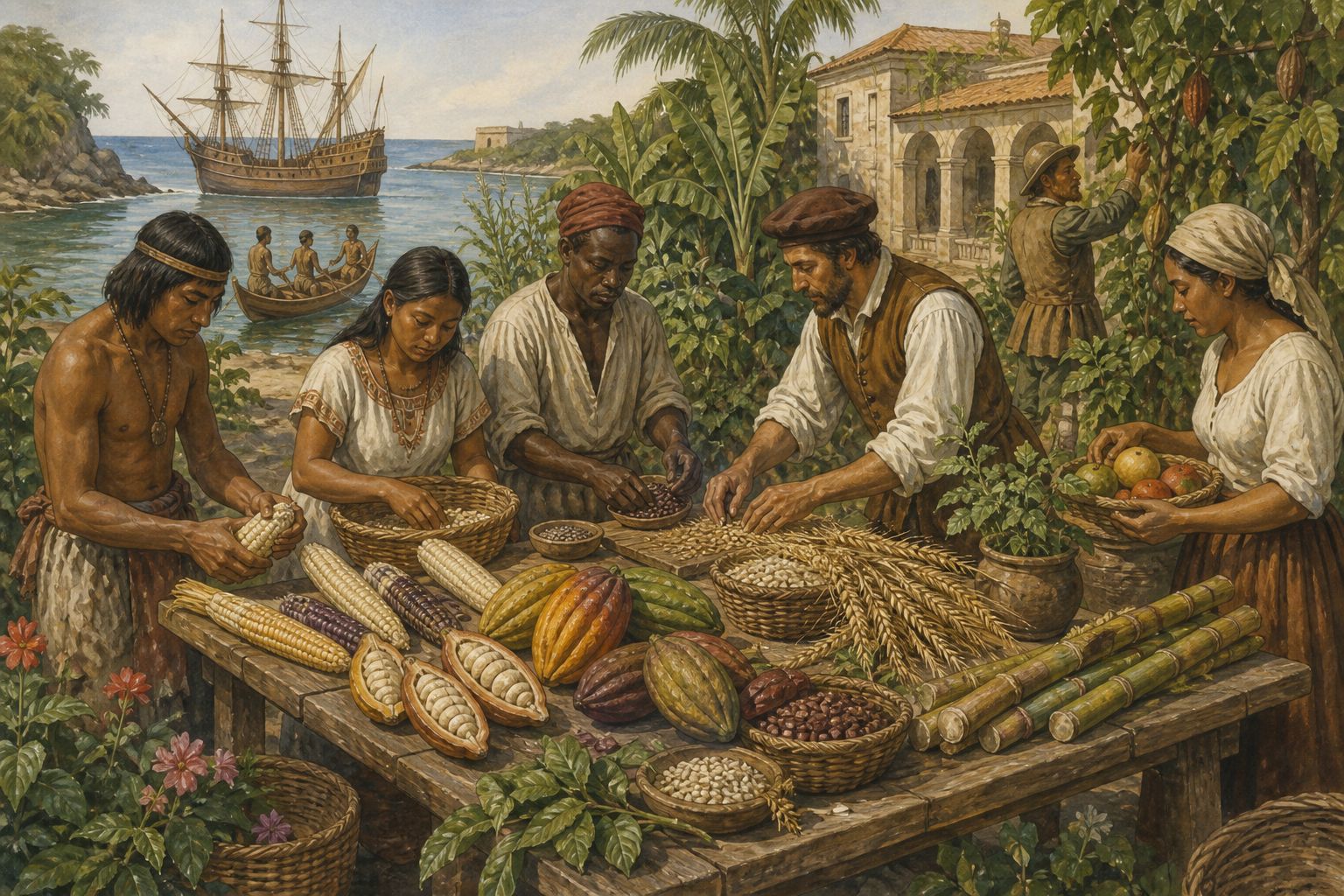 People sort maize, cacao, wheat, and fruit at a garden table near a port