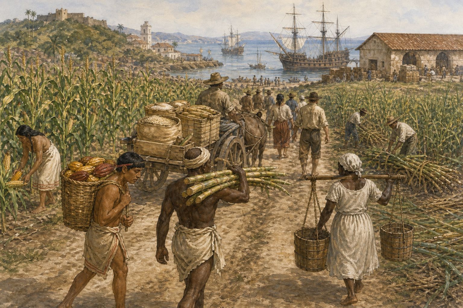 Colonial laborers carry sugar cane and grain from fields toward a harbor