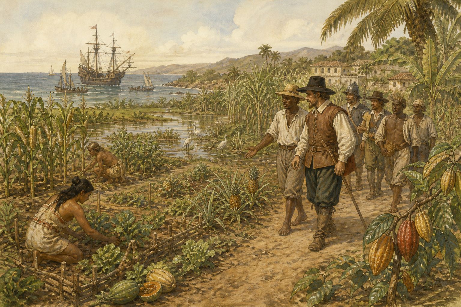 People walk among introduced crops and native plants in a transformed coastal landscape
