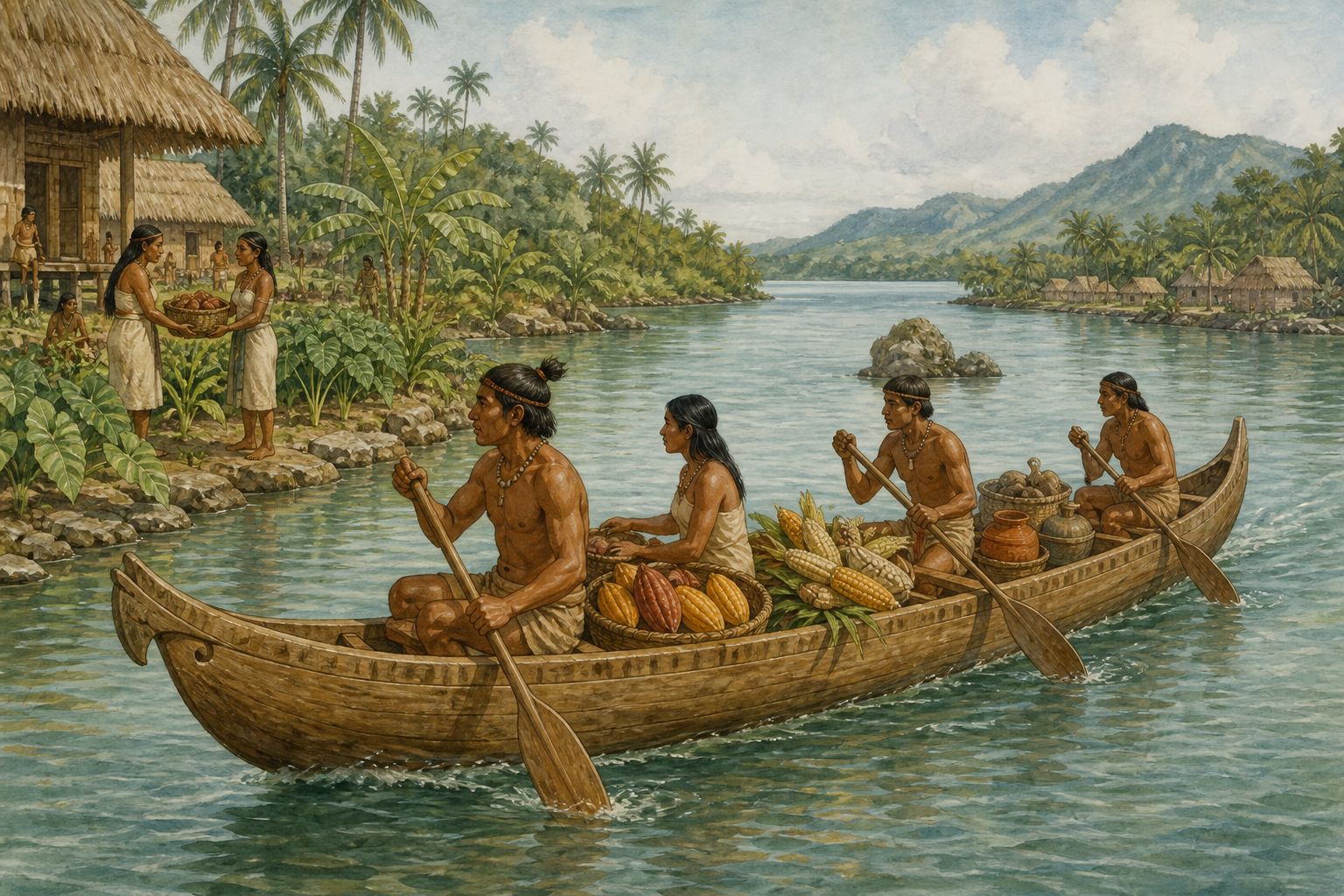 A crop-laden canoe travels between Indigenous communities in the pre-contact Caribbean