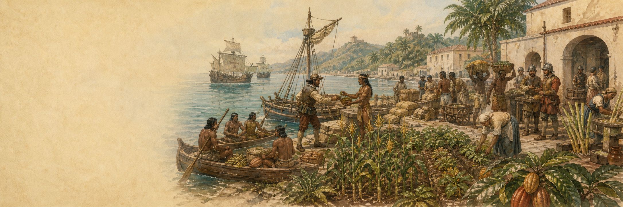 A reconstruction of Indigenous, African, and European communities, crops, and ships connected at a Caribbean port by the Columbian Exchange