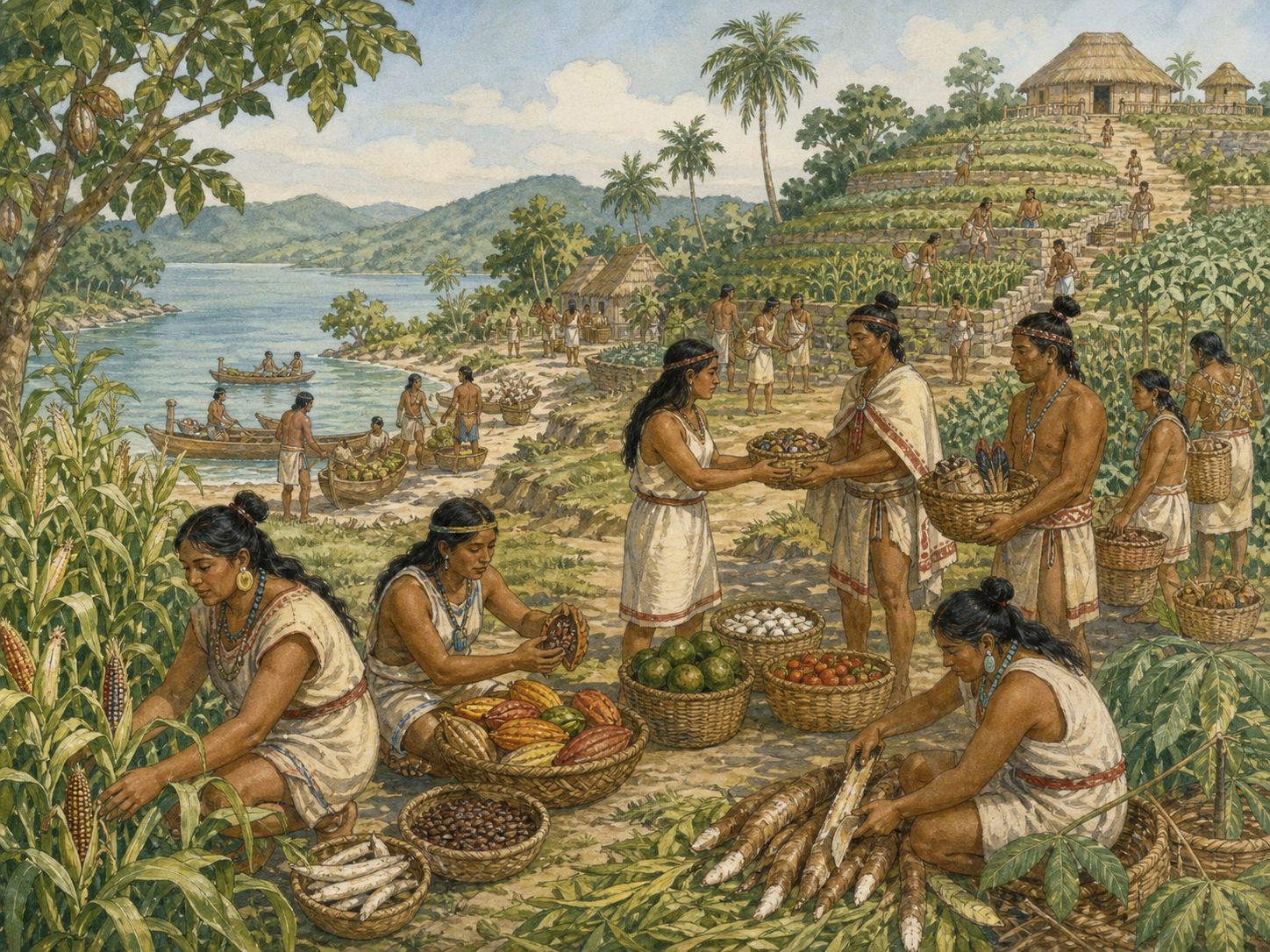 Indigenous communities cultivate terraced fields and exchange crops along a pre-contact Caribbean waterway