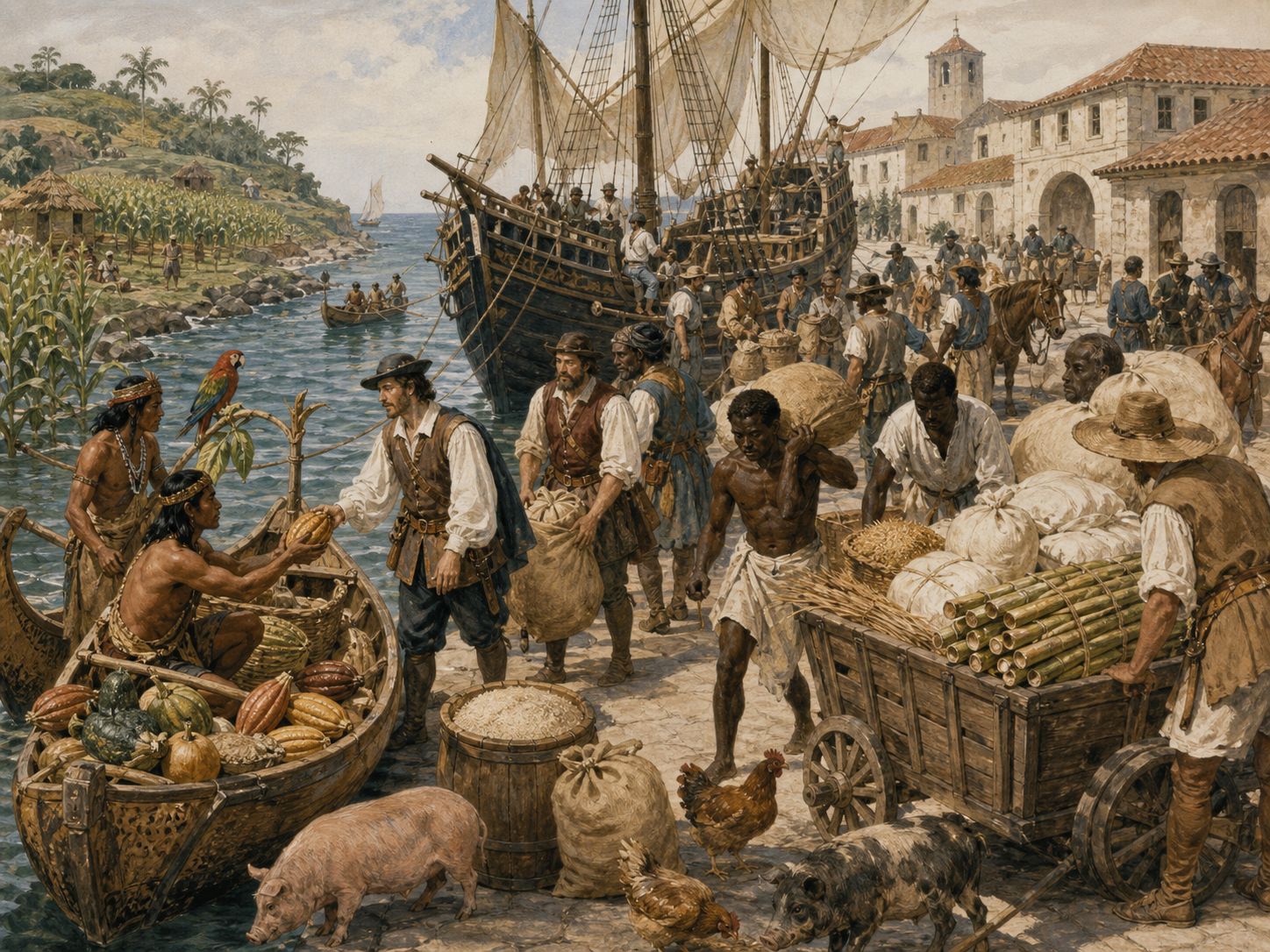 Workers, sailors, crops, animals, canoes, and ships handle cargo in an early colonial port