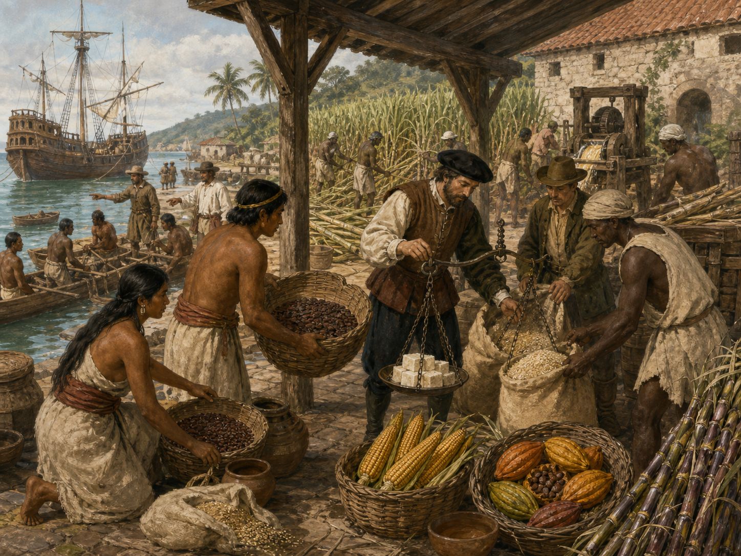 People weigh sugar, grain, and cacao at a plantation and market edge near the harbor