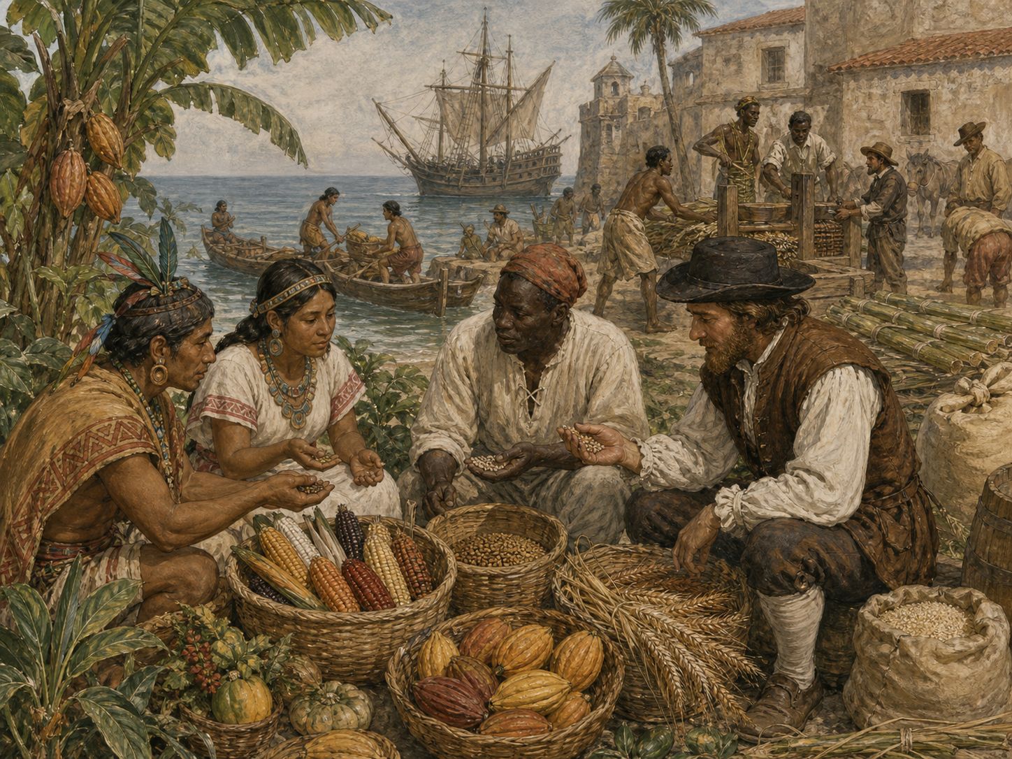 Indigenous, African, and European people compare crops and knowledge at a coastal market