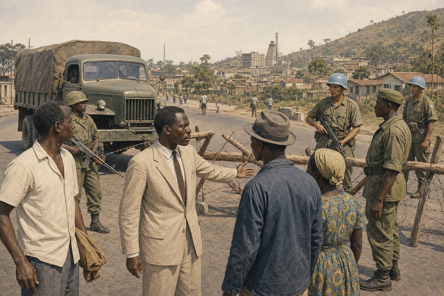 ONUC and Congolese soldiers, civilians, and a military truck at a timber-and-barbed-wire roadblock in Élisabethville in January 1963