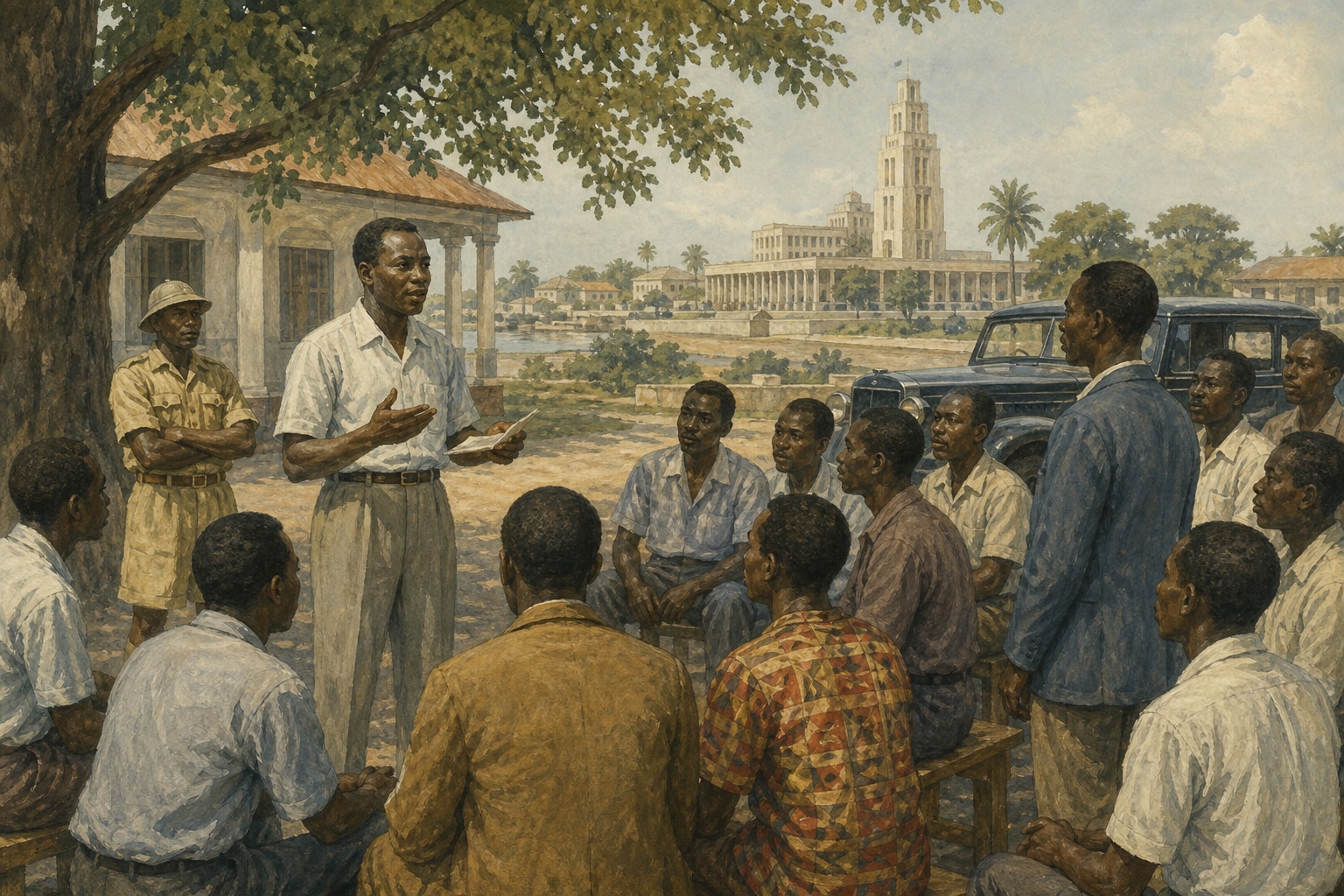 Congolese participants gathered beneath a tree around a man speaking from a document, with a uniformed guard behind him