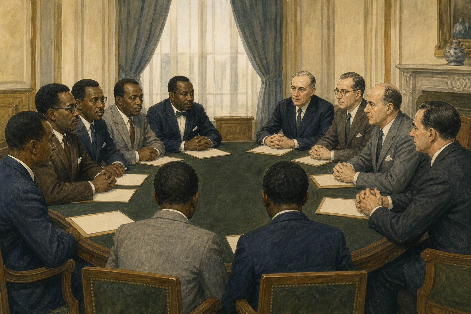 Congolese and Belgian delegates facing one another across an oval table with documents at the Brussels Round Table