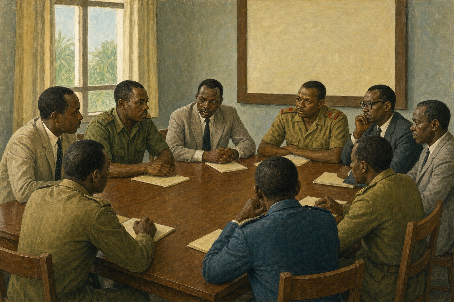 Uniformed commanders and suited political figures conferring over documents in Léopoldville in November 1965