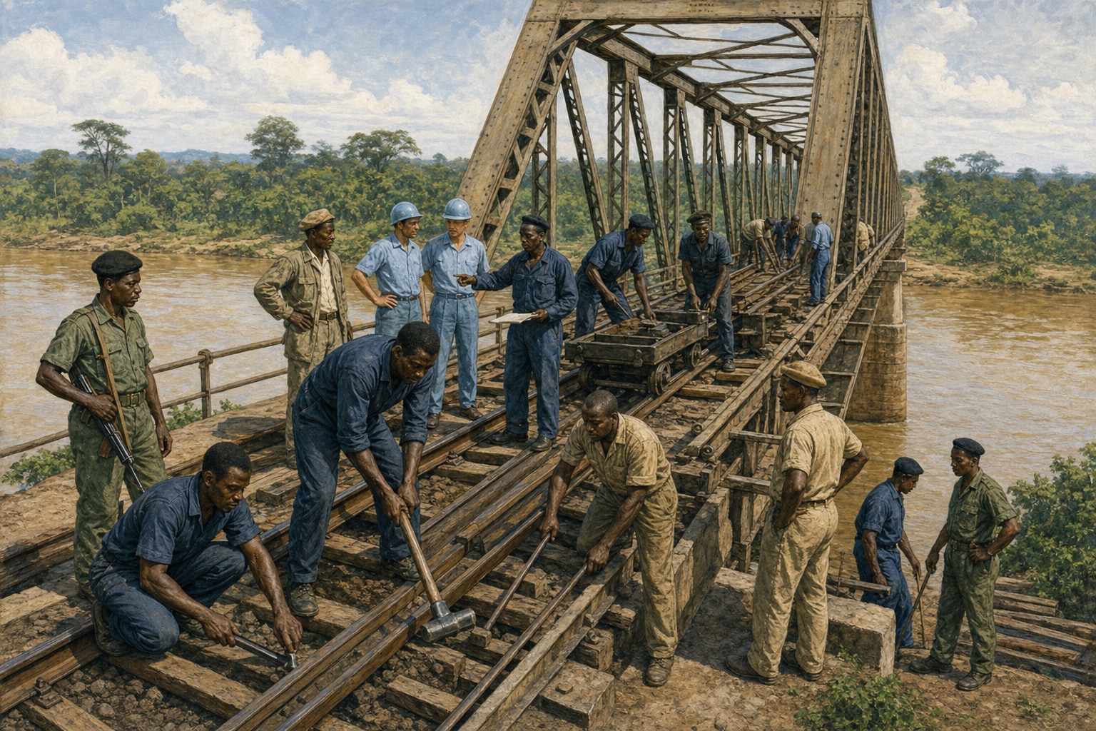 Congolese railway workers and engineers lead track repairs and inspection on a bridge as two ONUC engineers in plain blue helmets assist