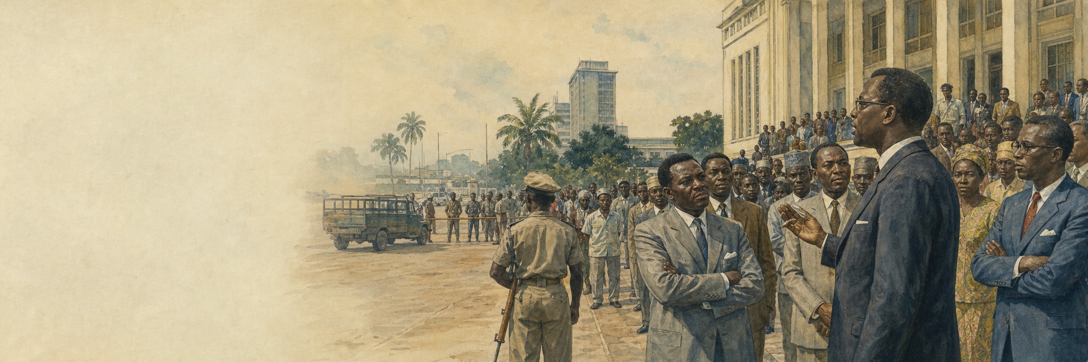 Suited political figures and citizens gathered outside a Léopoldville civic building, with a soldier facing away and a military truck beyond