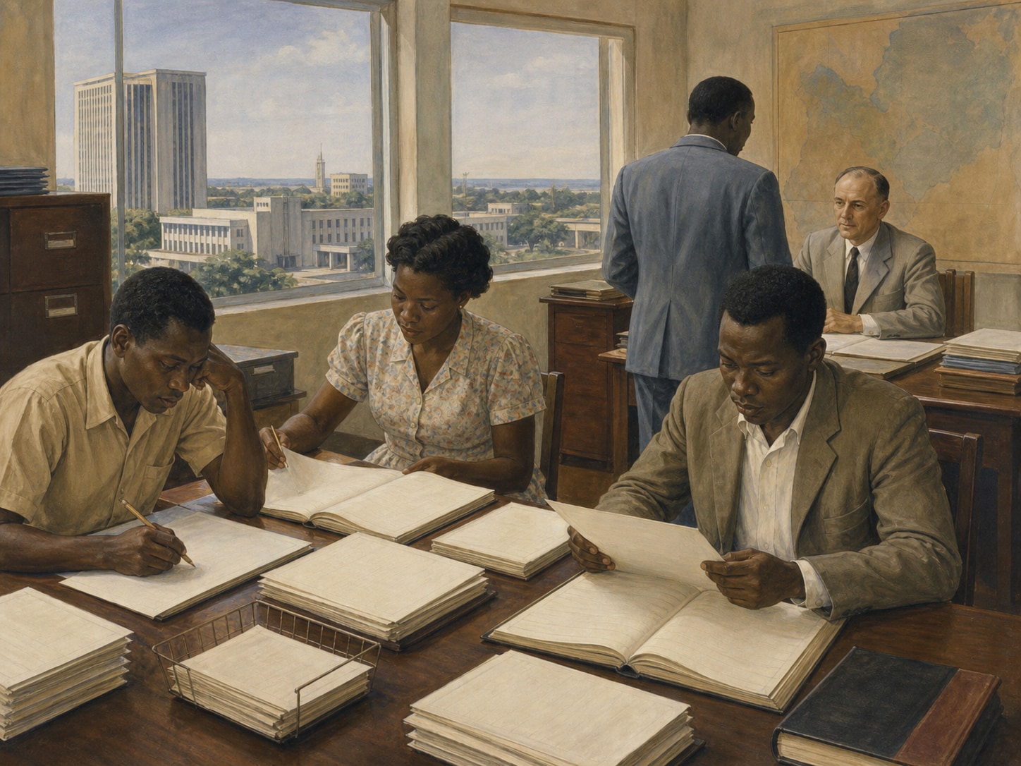 Congolese staff handling ledgers and papers in a government office overlooking the city, with a European official seated at a desk