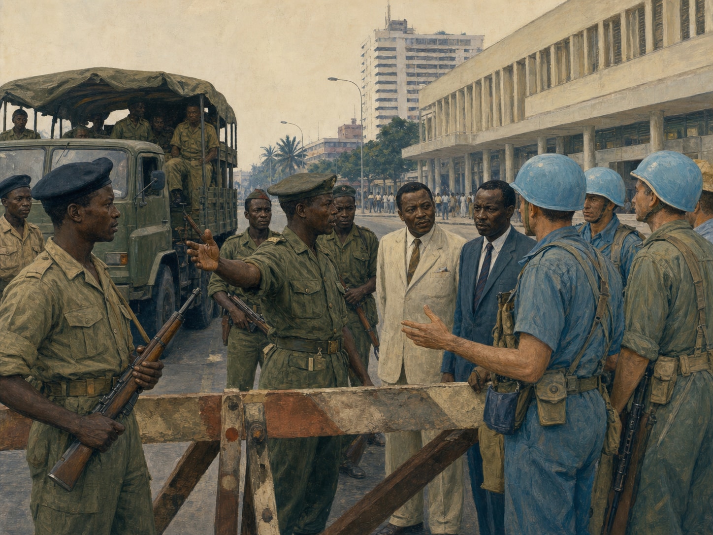 Congolese soldiers and blue-helmeted ONUC troops facing one another at an urban roadblock beside a military truck