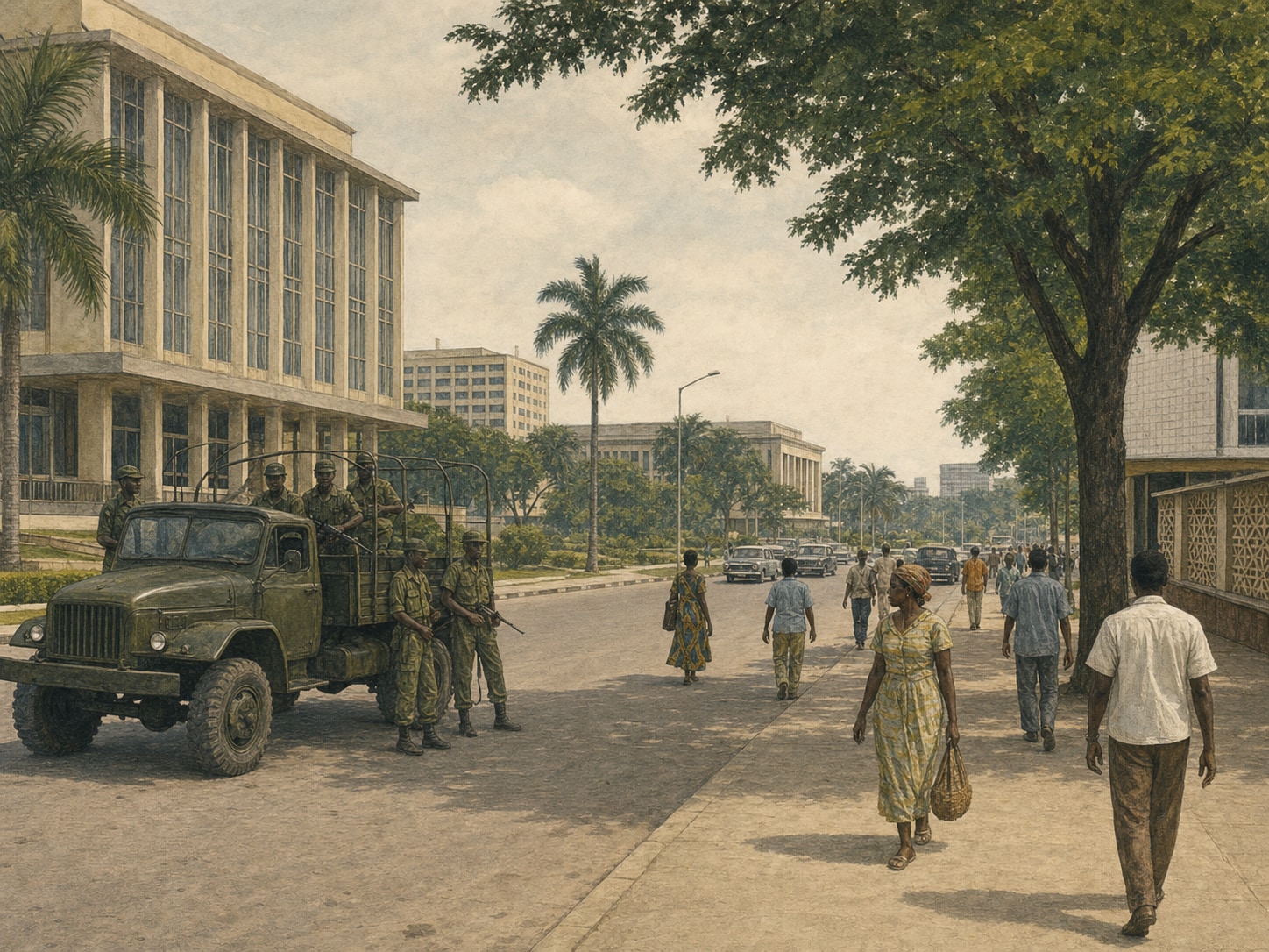 Civilians walking along a quiet Léopoldville boulevard as a military truck and a small group of soldiers stand to one side