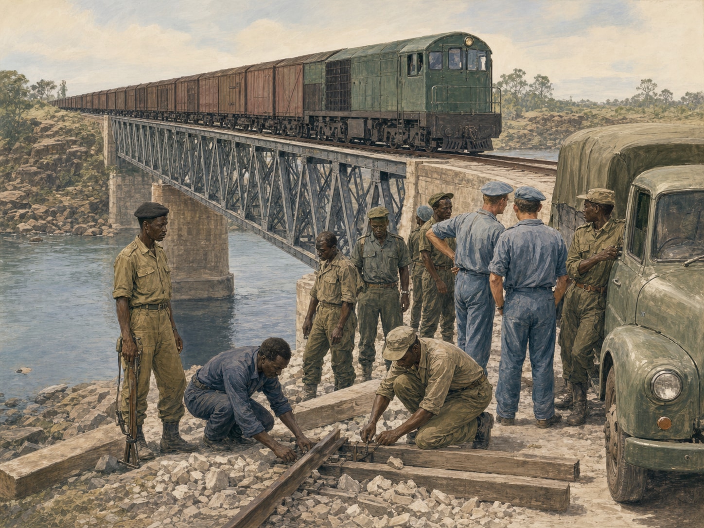 A freight train crossing the Bukama steel bridge as blue-clad ONUC engineers and Congolese soldiers repair track beside it