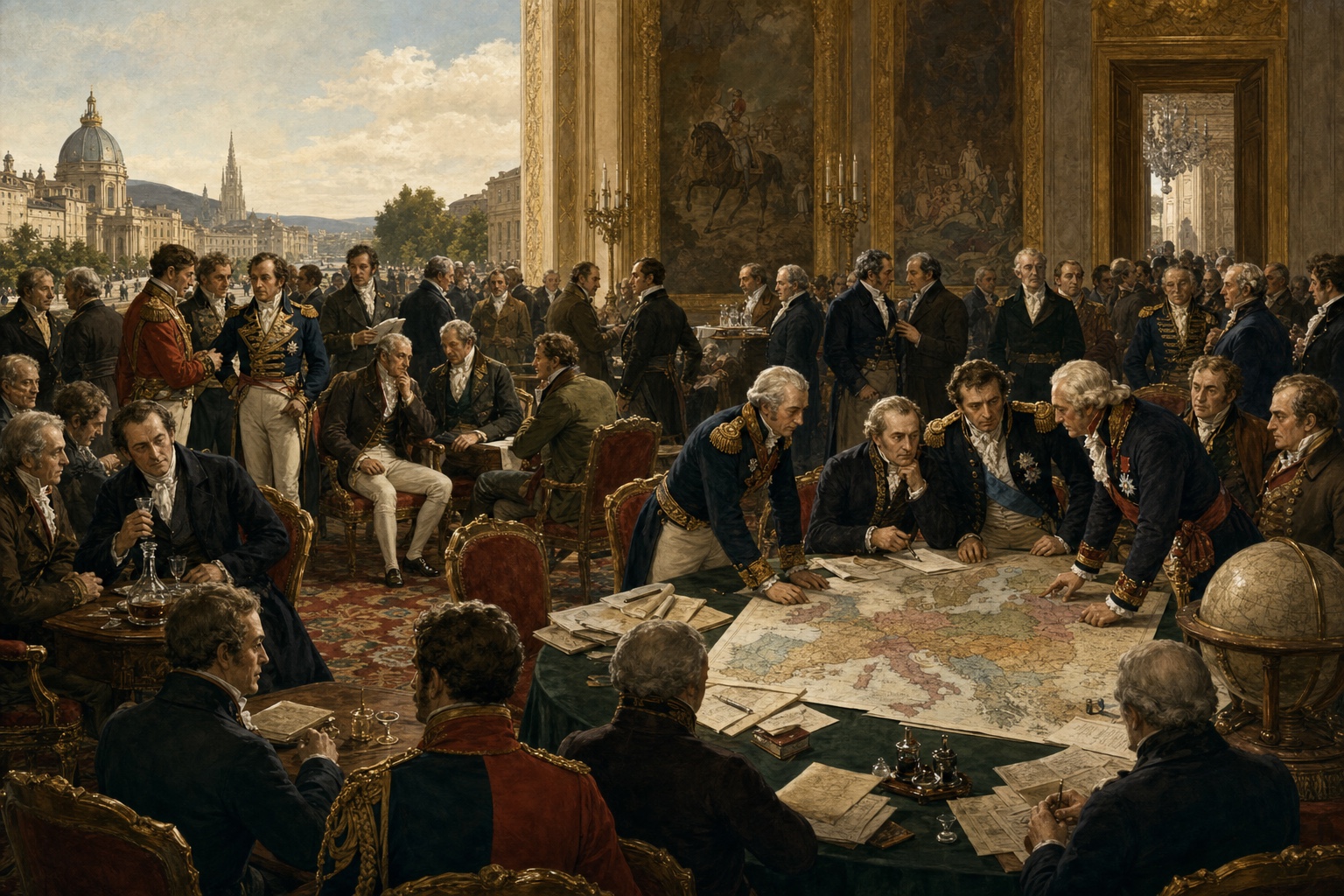 Illustrated reconstruction of diplomats negotiating around a long table covered with maps