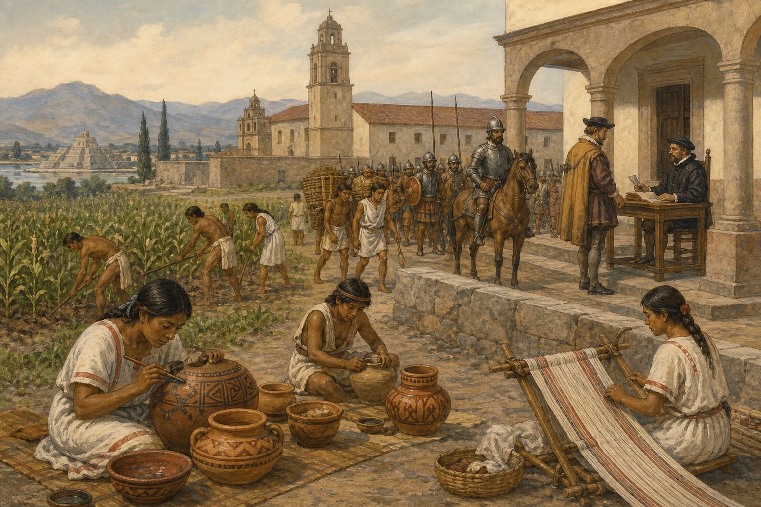 Indigenous people continue pottery, farming, and weaving beside a colonial church and office