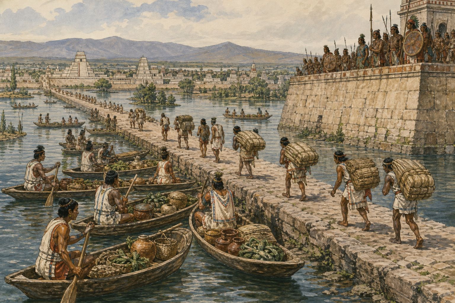 Canoes and carriers support supplies along a causeway and lake beside the city