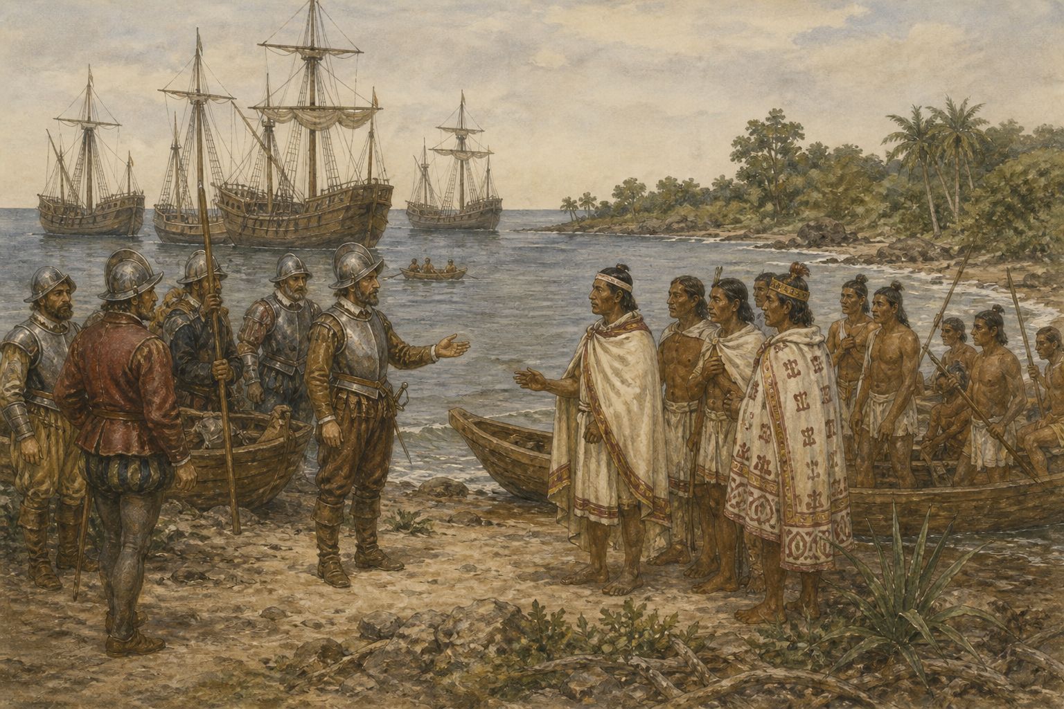 Indigenous representatives and Spanish soldiers negotiate beside ships and gifts on the Gulf coast