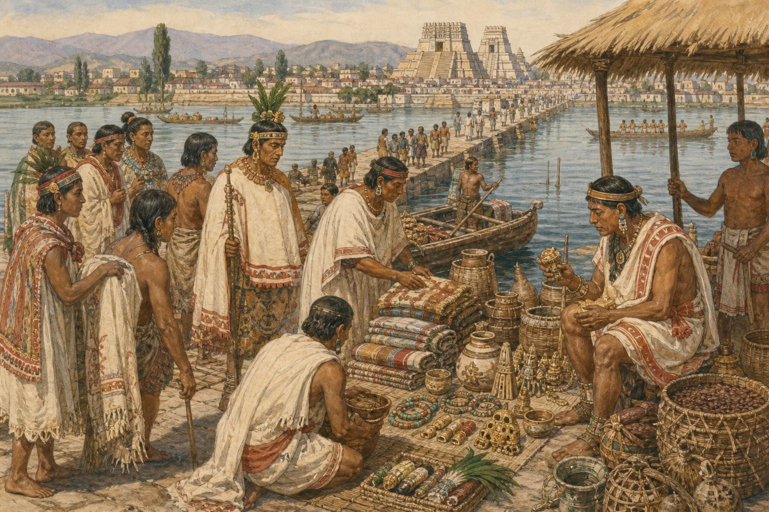 People exchange cloth, pottery, and food in a lake-city market before 1519