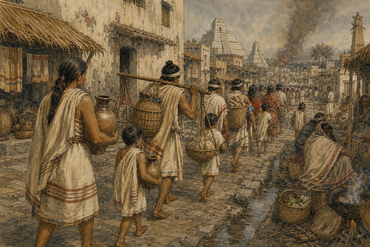 Families carrying supplies move through a smoke-hazed city street around 1520