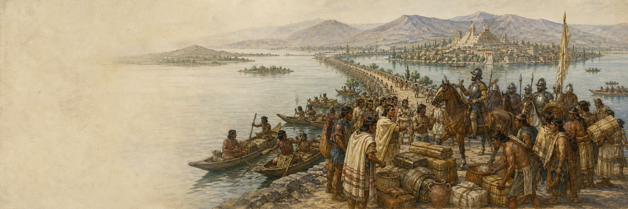Indigenous allies, canoes, provisions, and Spanish soldiers move along a Valley of Mexico causeway around 1521
