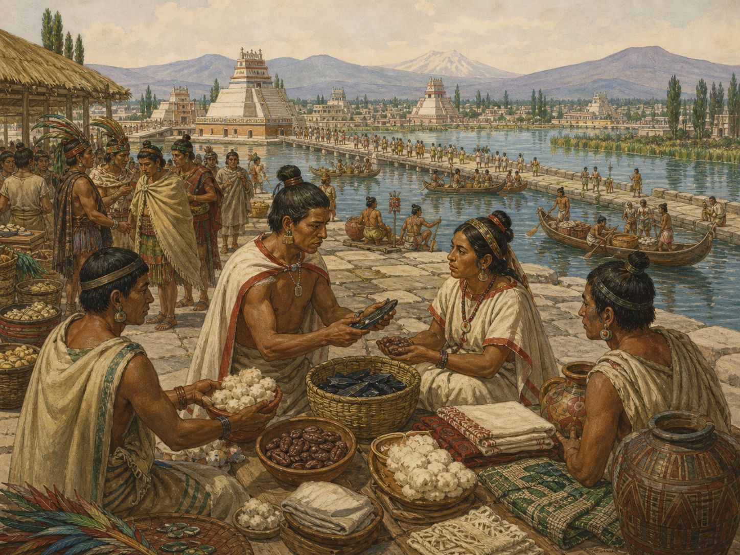 People from different city-states exchange cacao, cotton, and obsidian in a Tenochtitlan market