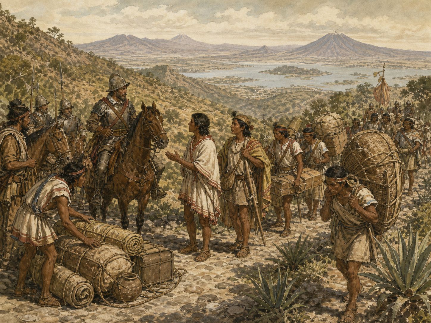 Indigenous allies and Spanish soldiers move supplies along a central Mexican mountain road in 1519–20