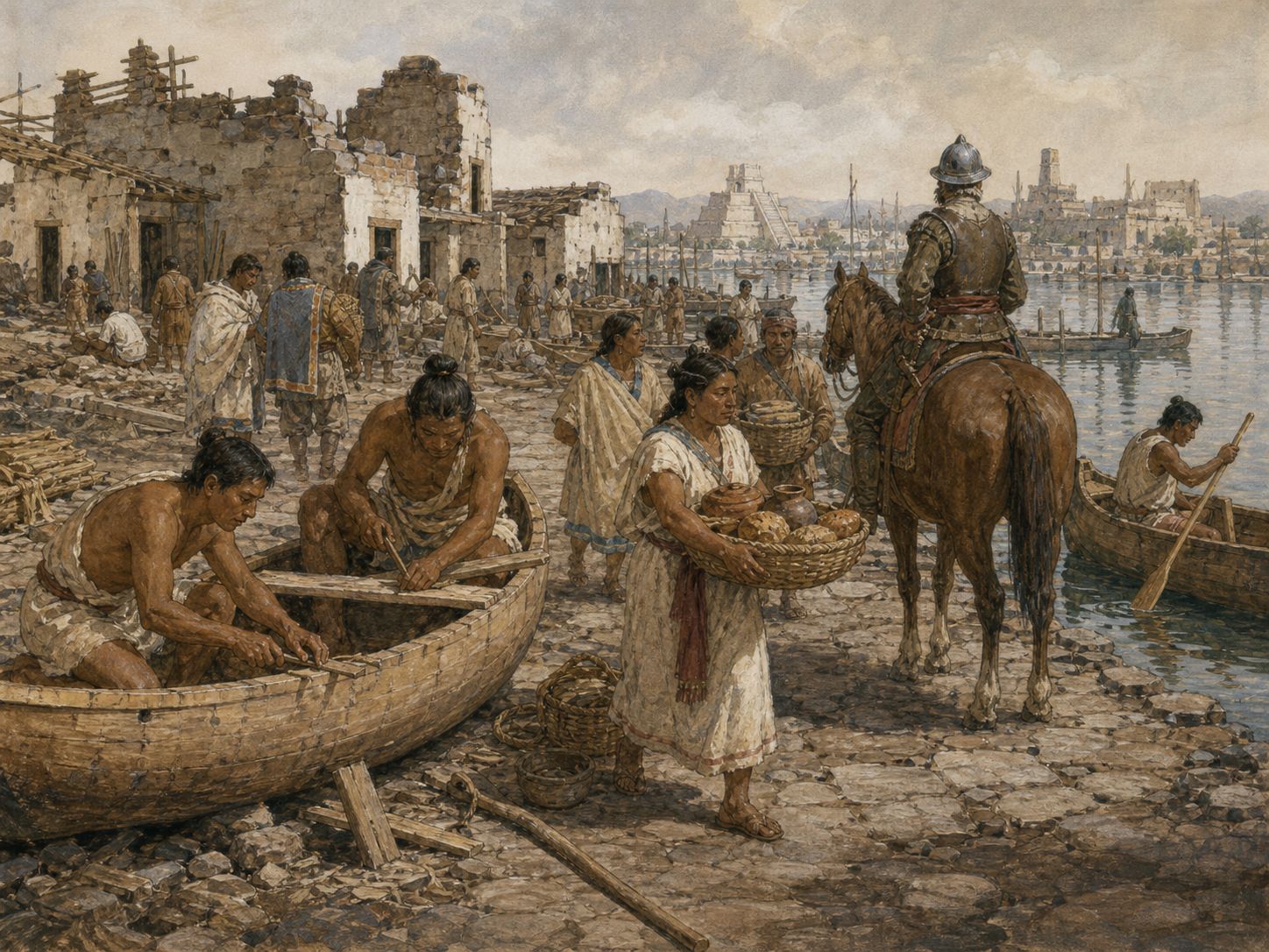 Residents rebuild life beside damaged canoes and buildings on the lakeshore after the fall