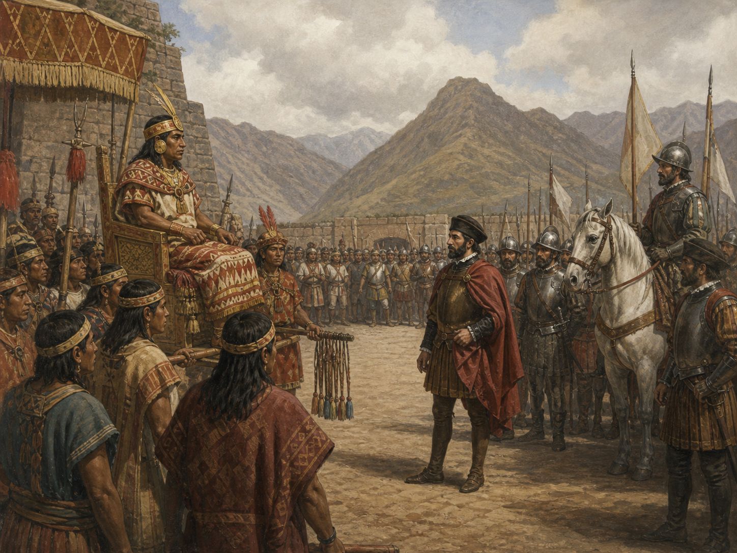 Historical reconstruction of Conquest of the Inca Empire's central action: After capturing Atahualpa at Cajamarca in 1532, Spanish forces and Indigenous allies moved on Cusco and confronted the resistance led by Manco Inca and the independent Vilcabamba state.