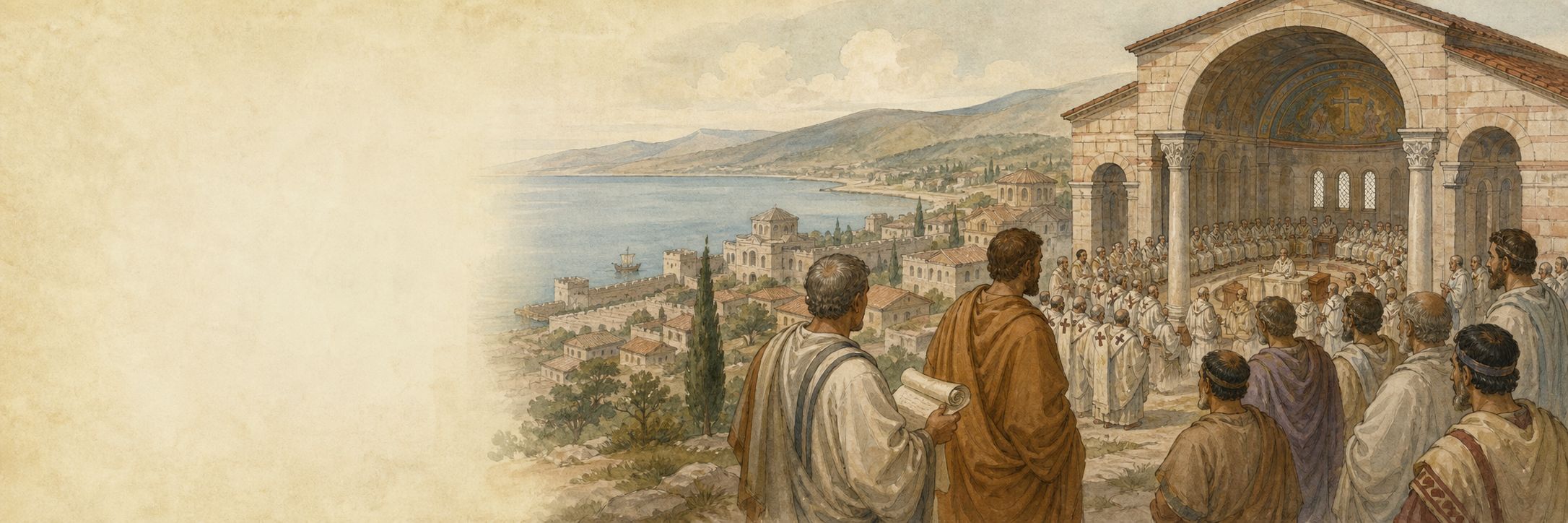 A historical reconstruction of councils and negotiation between institutions at Nicaea (present-day İznik), showing the setting of Council of Nicaea