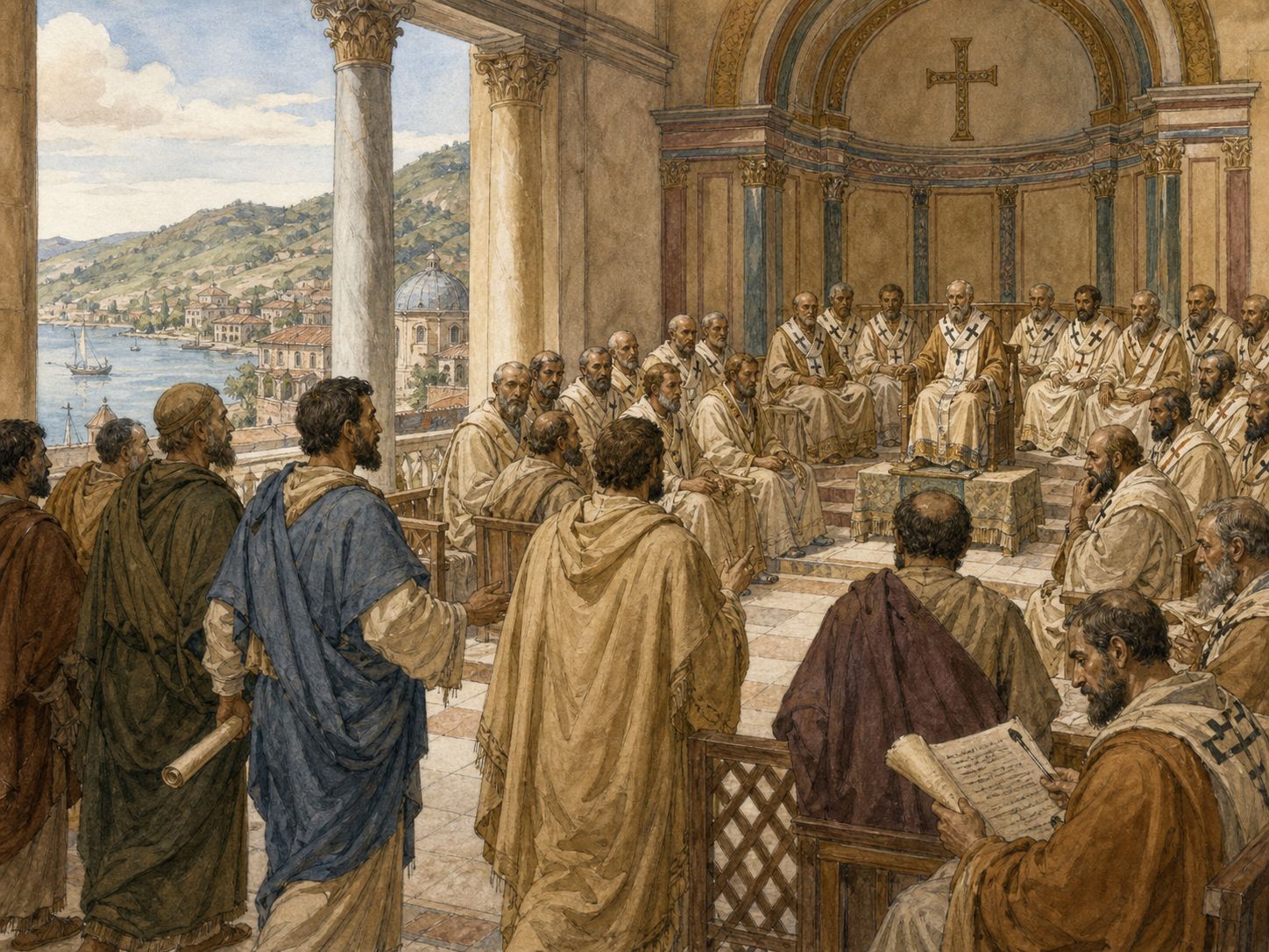 Historical reconstruction of Council of Nicaea's central action: Convened by Constantine I, the council discussed Christian doctrine and disputes among churches.