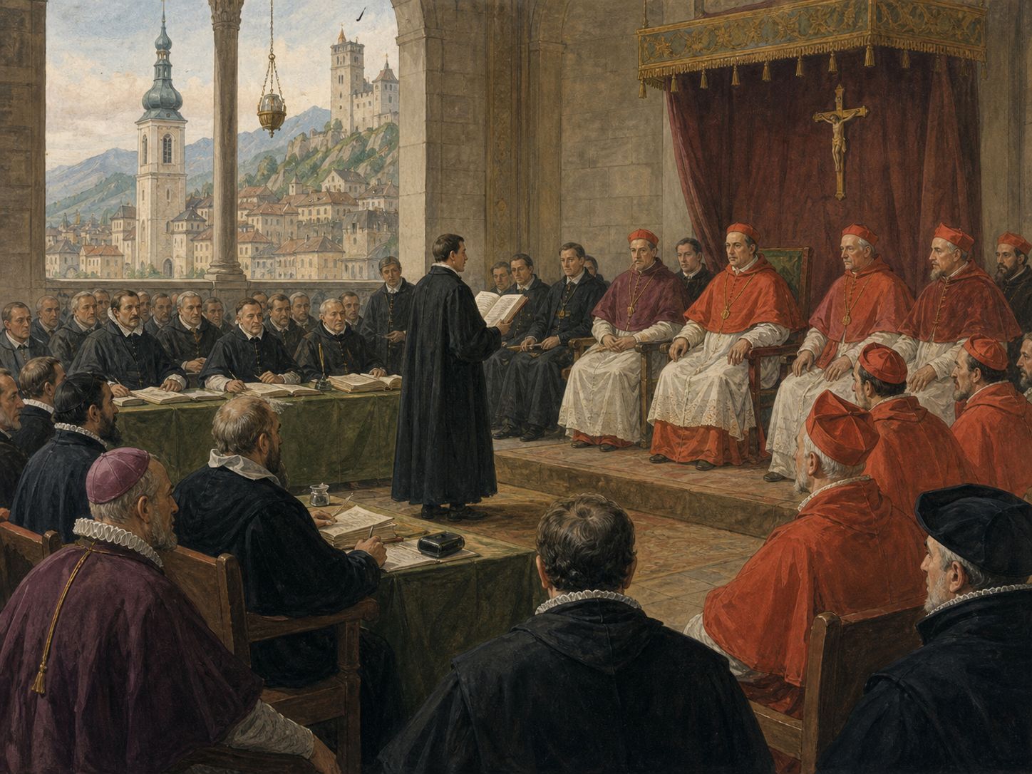 Historical reconstruction of Council of Trent's central action: The council was interrupted by war and politics while defining positions on justification, sacraments, clerical education, and liturgy.