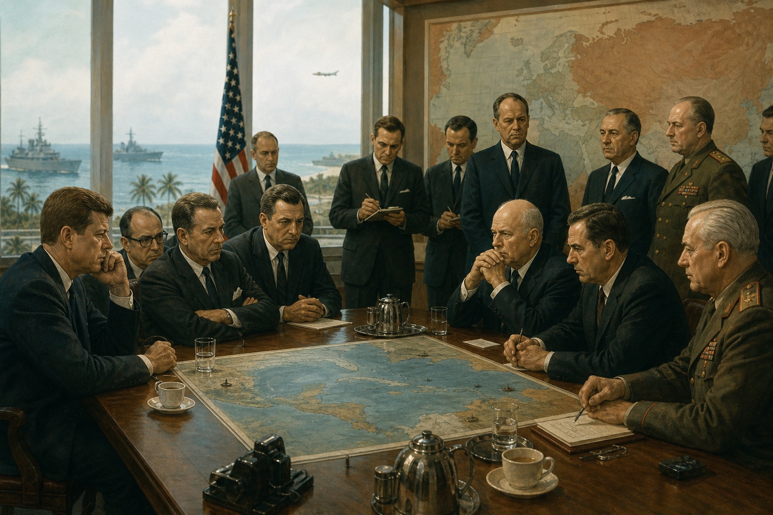 Illustrated reconstruction of communications staff watching ships off Cuba through an open command-room doorway