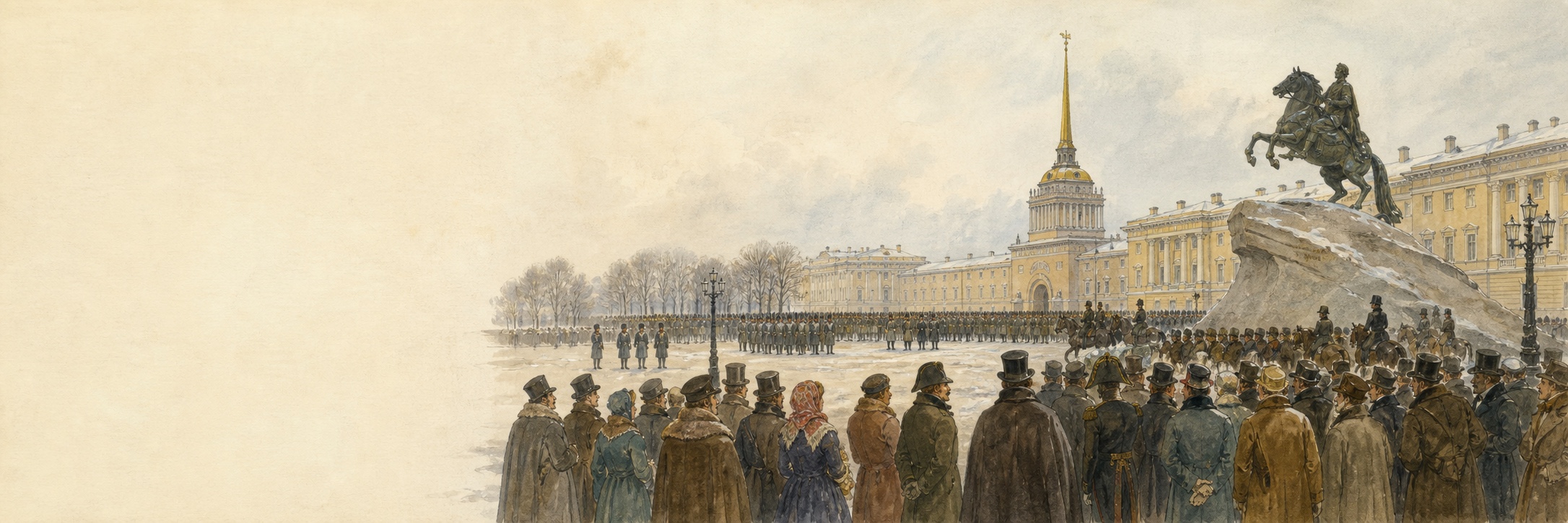 A historical reconstruction of Rebel soldiers and imperial cavalry confront one another in a snowy square before the Bronze Horseman at St. Petersburg, showing the setting of Decembrist Revolt
