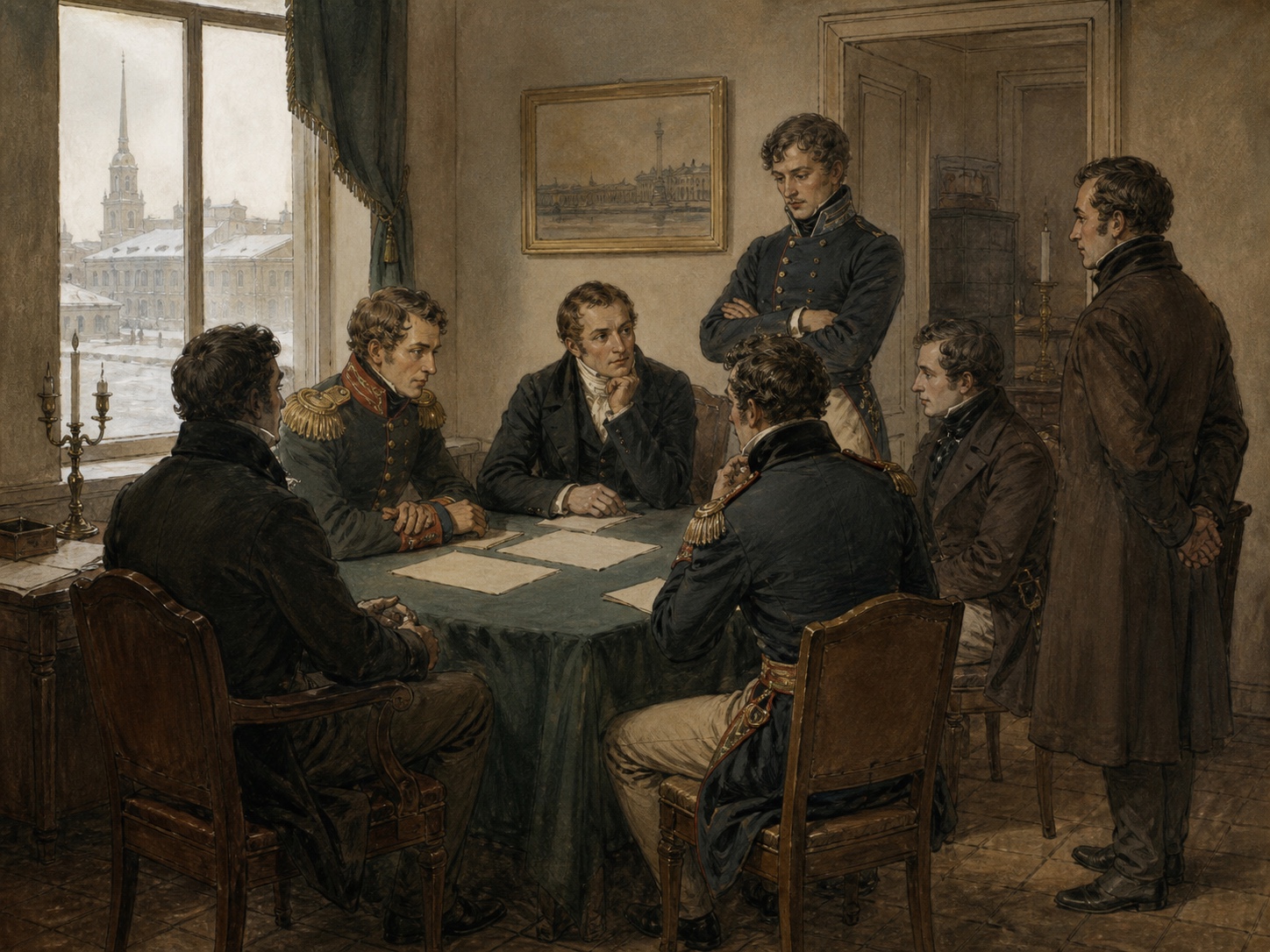 Russian officers meet discreetly in St. Petersburg to debate a constitution and emancipation before the December 1825 revolt