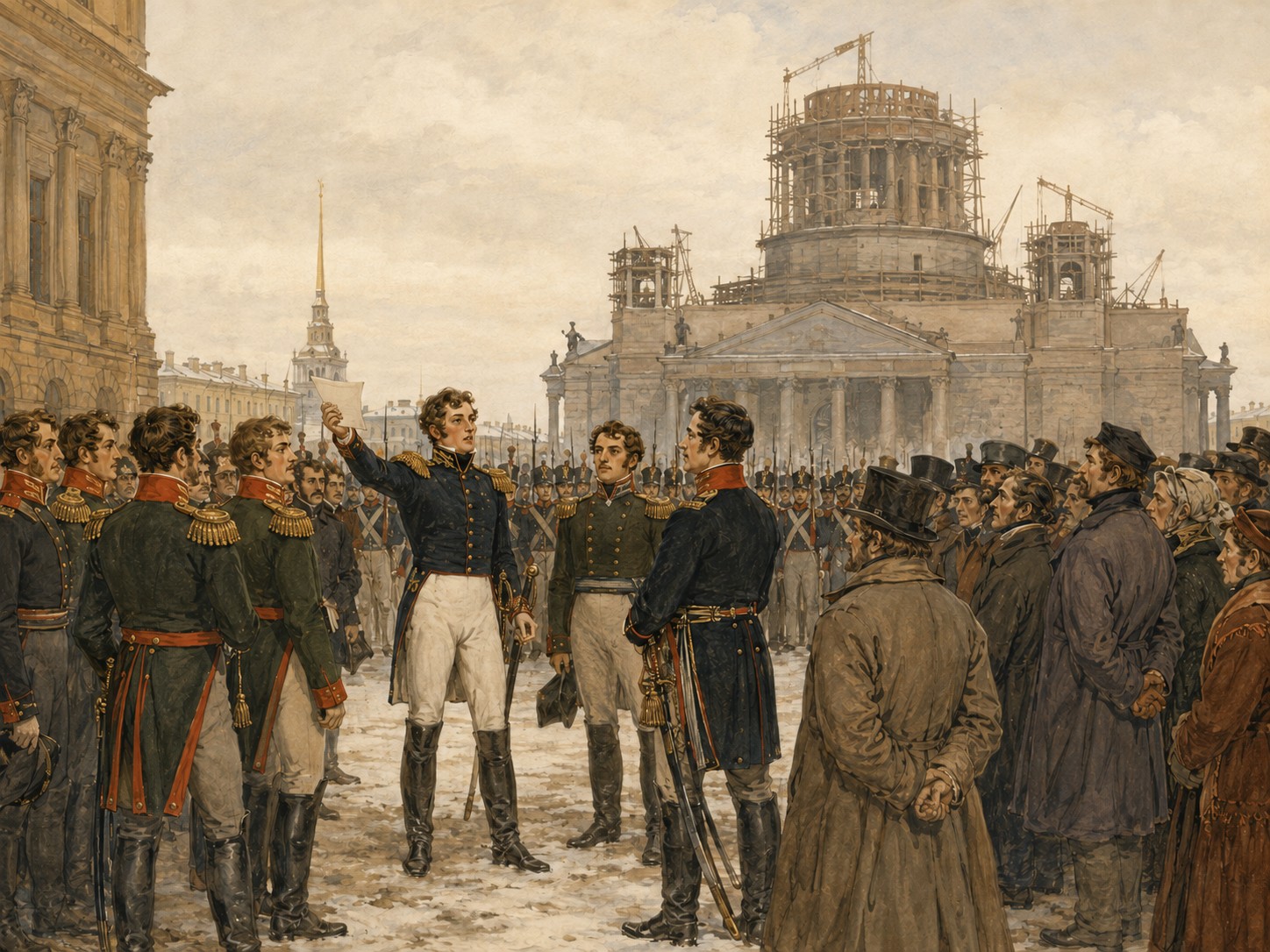 Historical reconstruction of Decembrist Revolt's central action: Some Russian officers rebelled soon after Nicholas I’s accession, demanding a constitution and reform of serfdom.