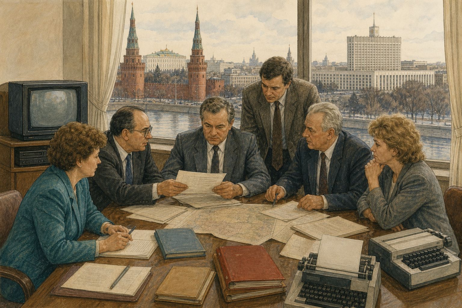A tank and civilians facing one another near a city building